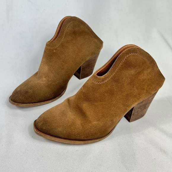 Chinese Laundry Kelso Slip On Open Back Asymmetrical Split Tan Suede Ankle Boots - Picture 2 of 9